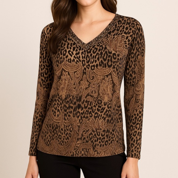 Damee Inc embellished knit top animal print 3/4 sleeves Size xl - Picture 1 of 10